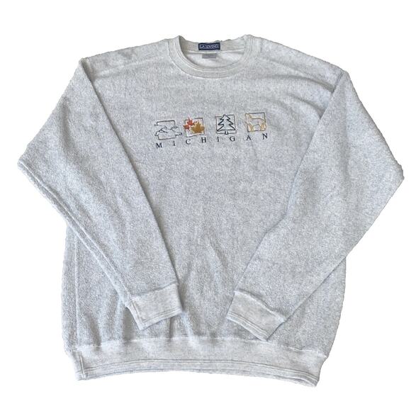 VTG Michigan Gray Fleece Pullover Sweatshirt Embroidered Wildlife Nature XL - Picture 1 of 6
